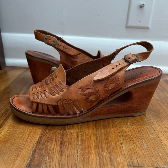 70s Huarache Wedge Heel Woven Leather Sandals w/ See Through Cutout